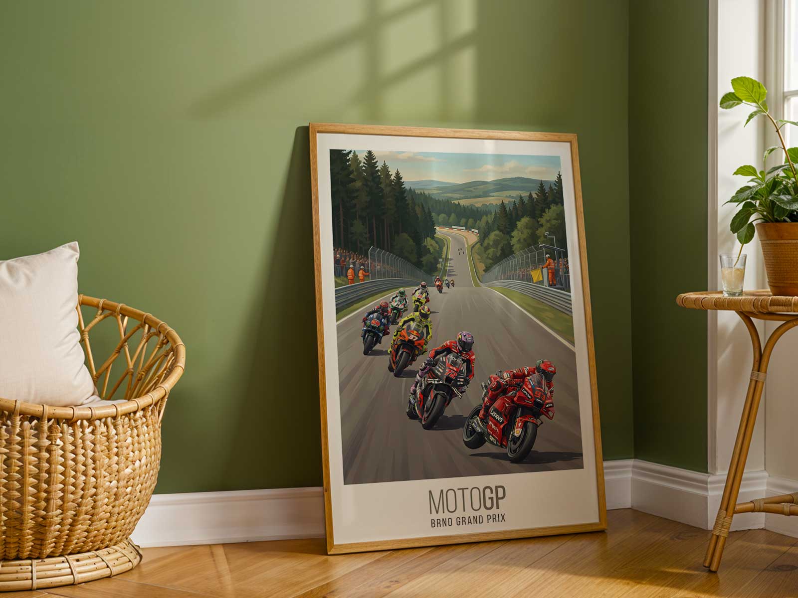 Close-up poster of Acosta leaning into a corner with motion blur and vibrant racing colors