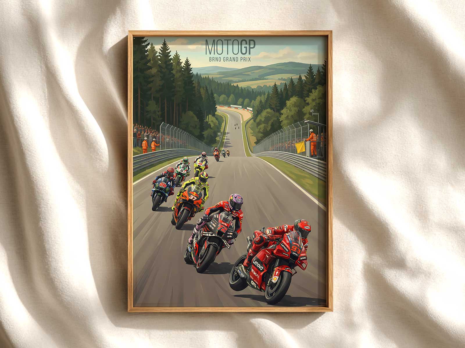 Poster focusing on Acosta's motorcycle details—wheel, fairing, and sponsor graphics—presented in high contrast