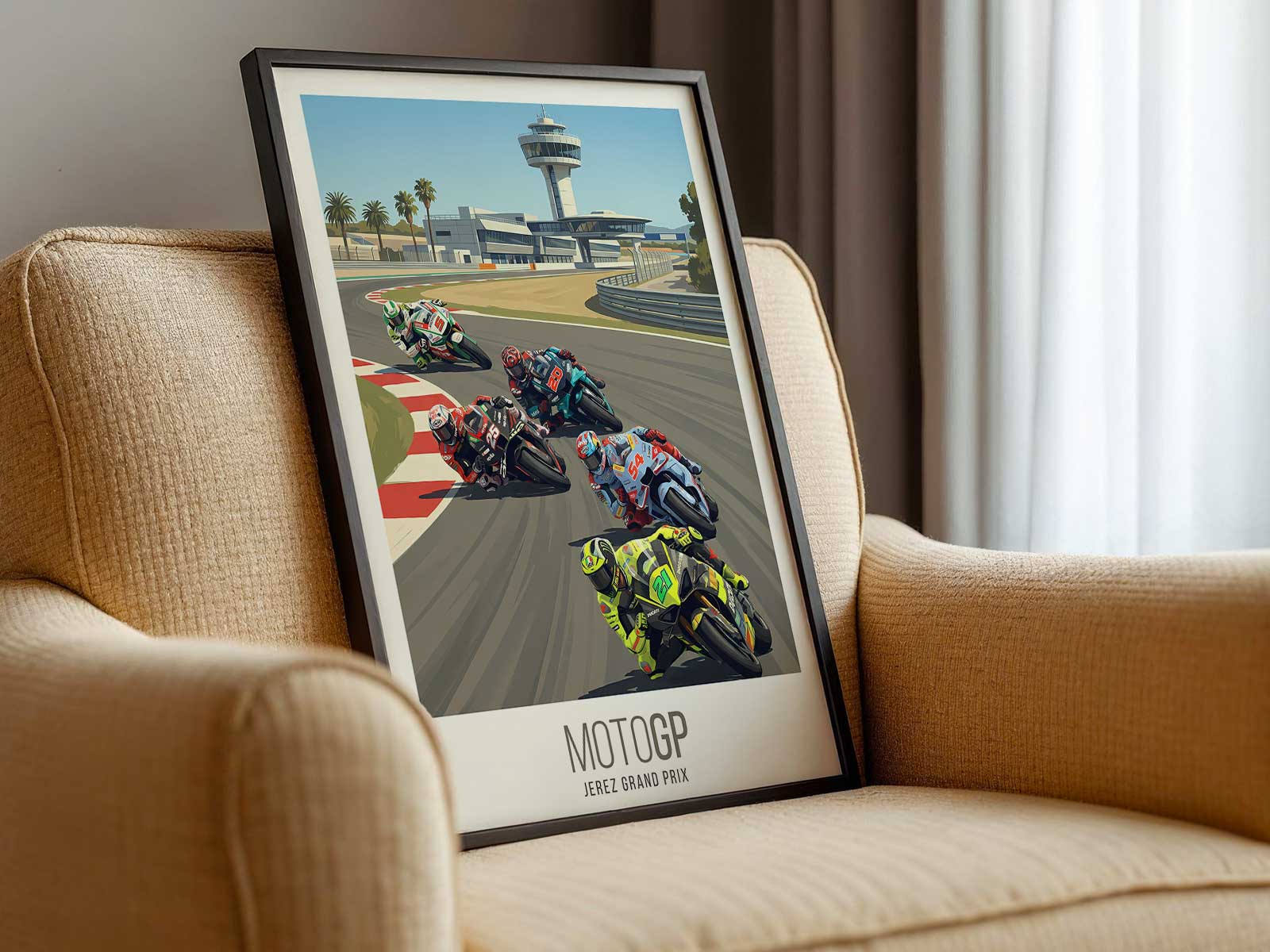 Artistic composition of Aprilia MotoGP bike on Jerez track with balanced motion