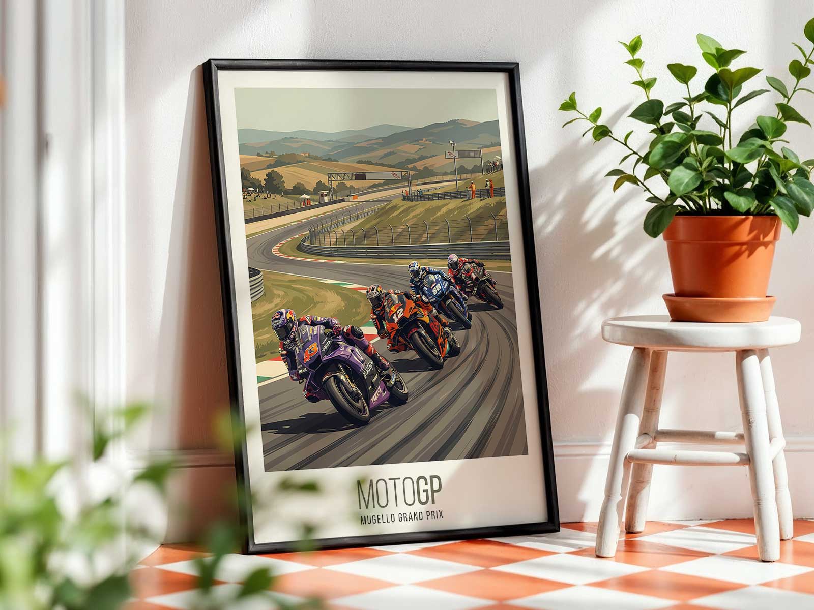 Aprilia motorcycle exiting a fast corner at Mugello with stable posture