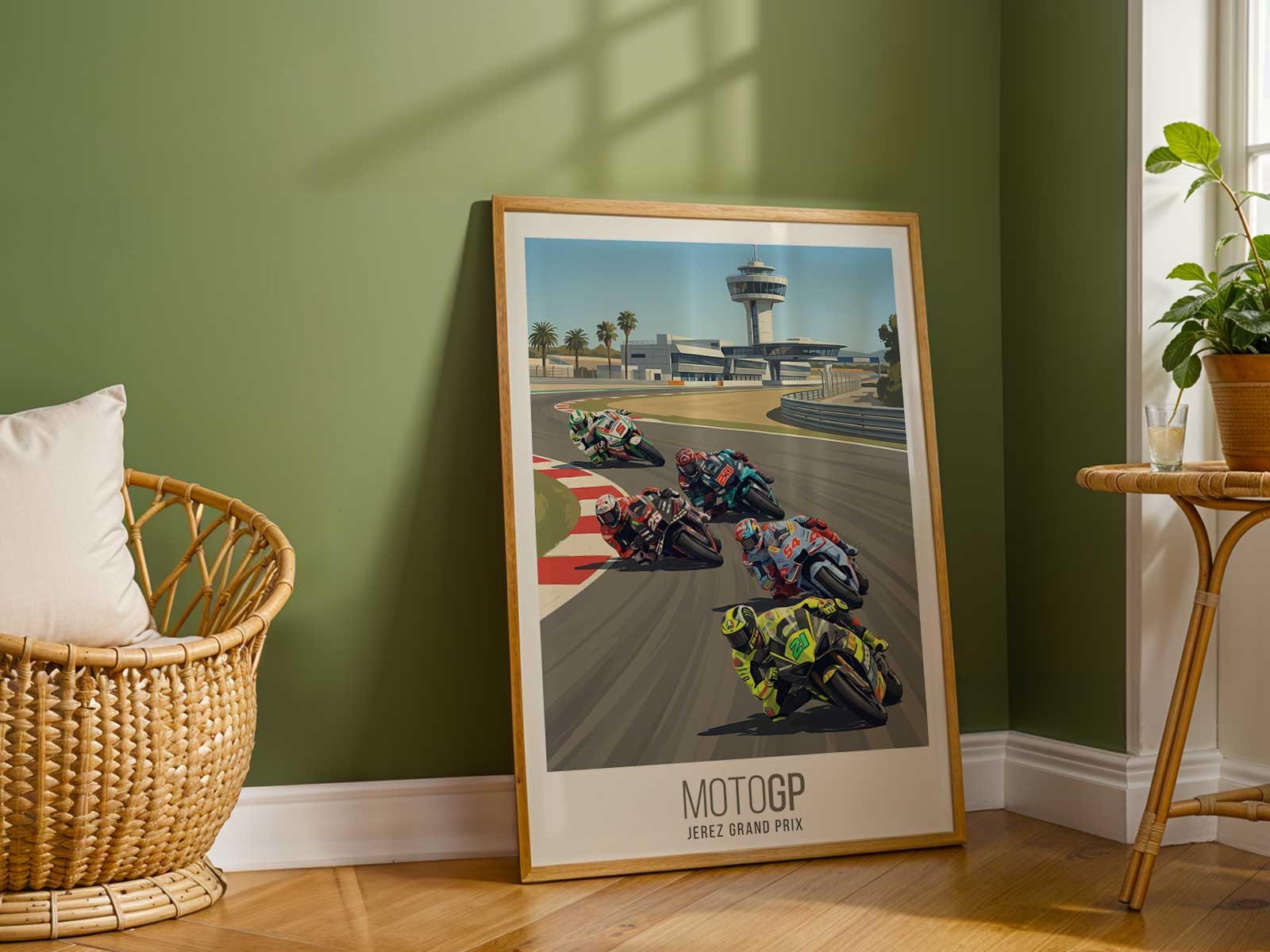 Wide view of an Aprilia MotoGP bike accelerating out of a corner at Jerez with crowd atmosphere in the background