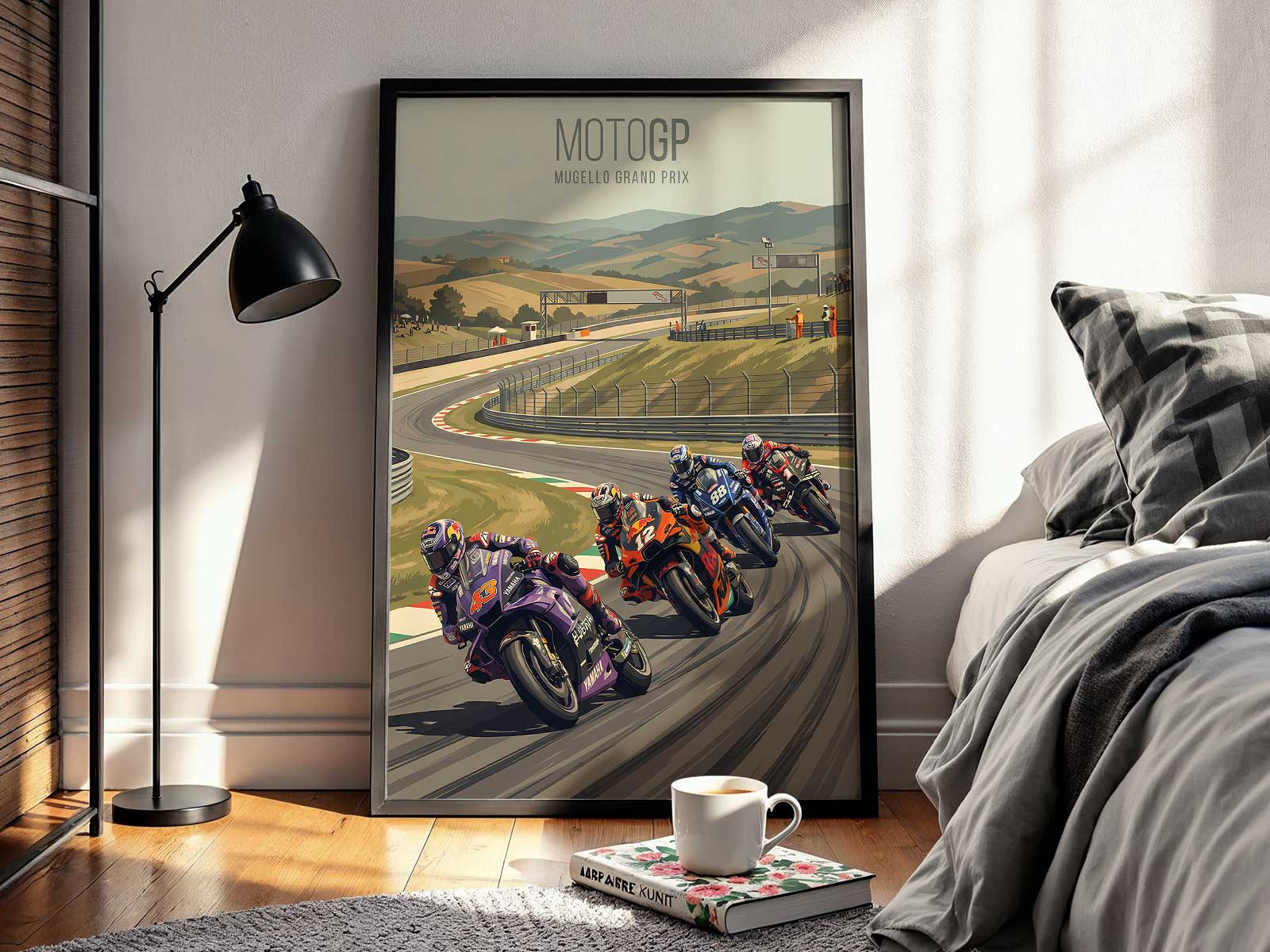 Aprilia MotoGP bike leaning through fast Mugello curves with smooth trajectory