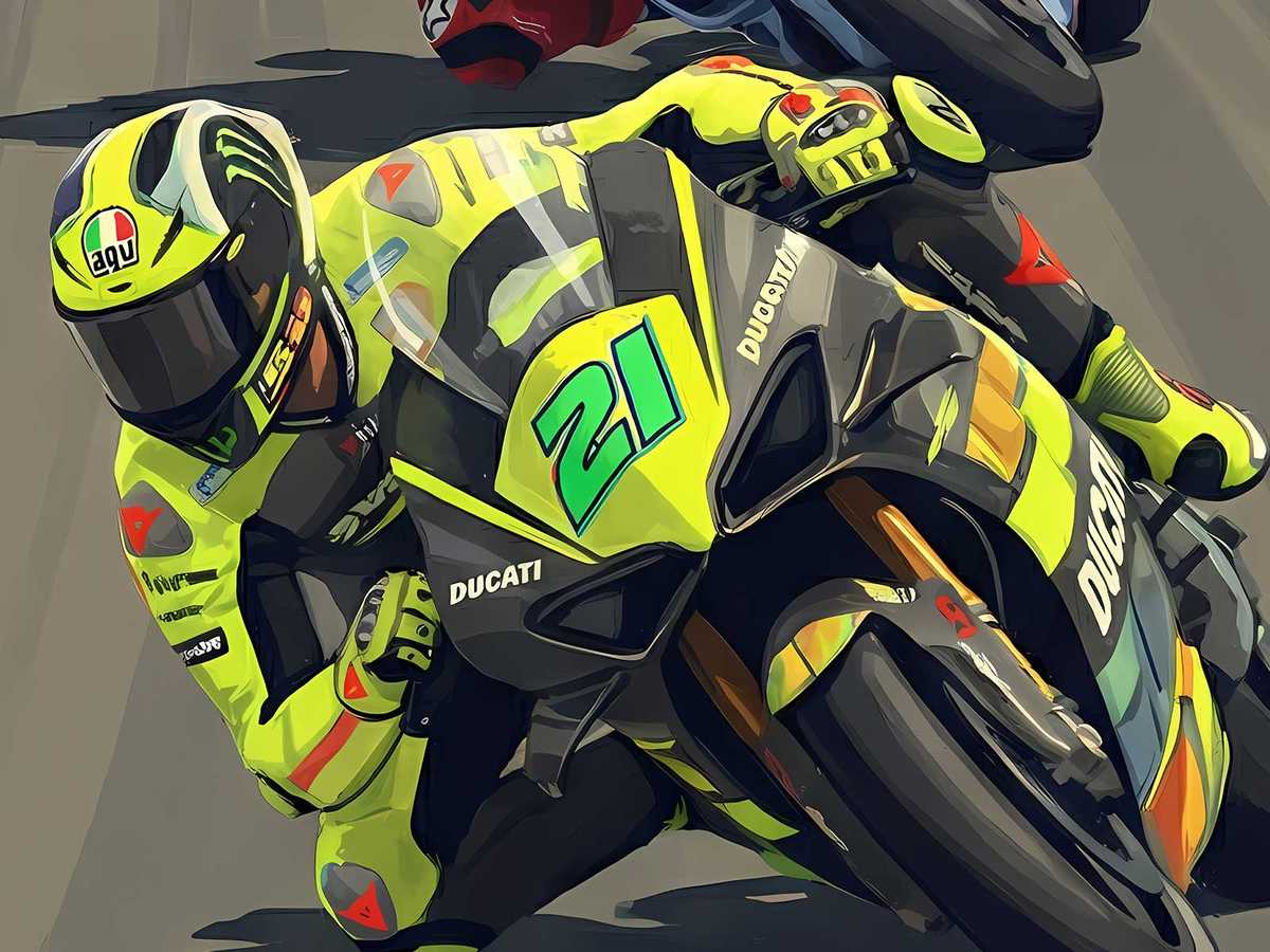 Close-up of a MotoGP bike approaching through morning mist with diffused light and softened background