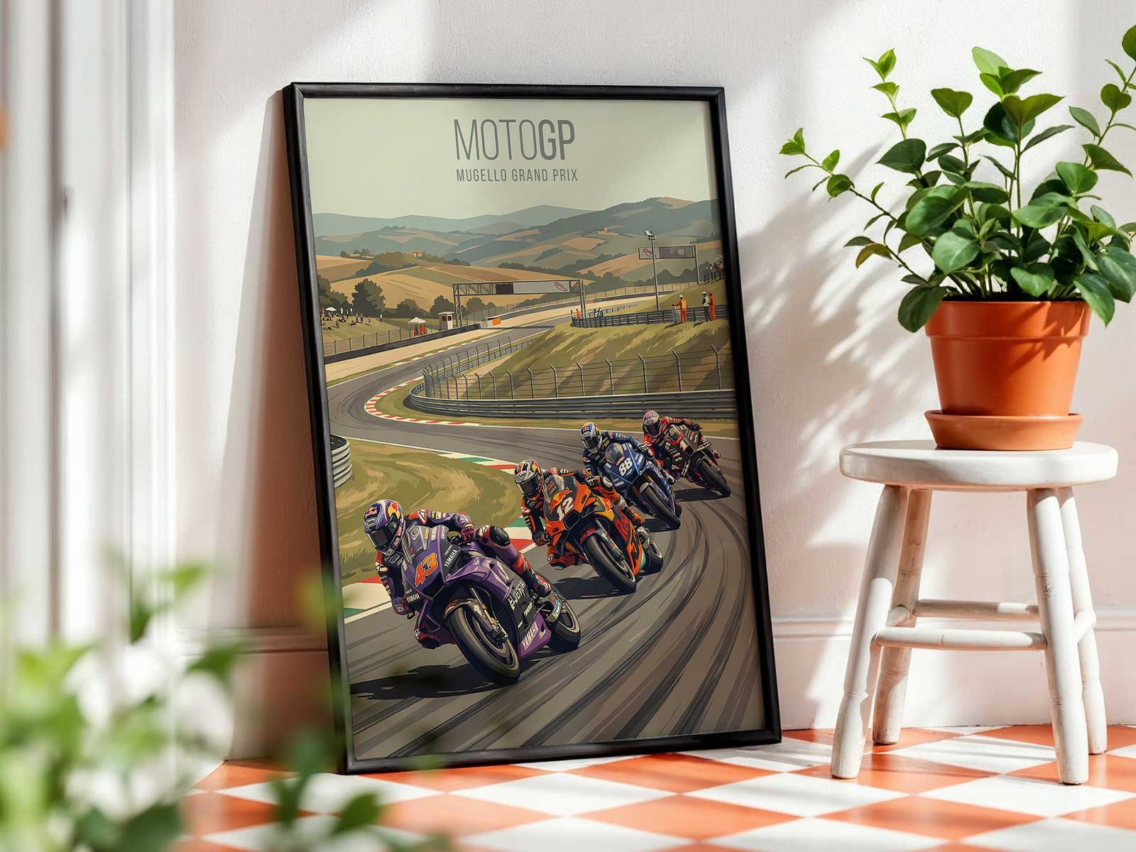 Collector edition Bagnaia poster with commemorative badge and aged finish for display