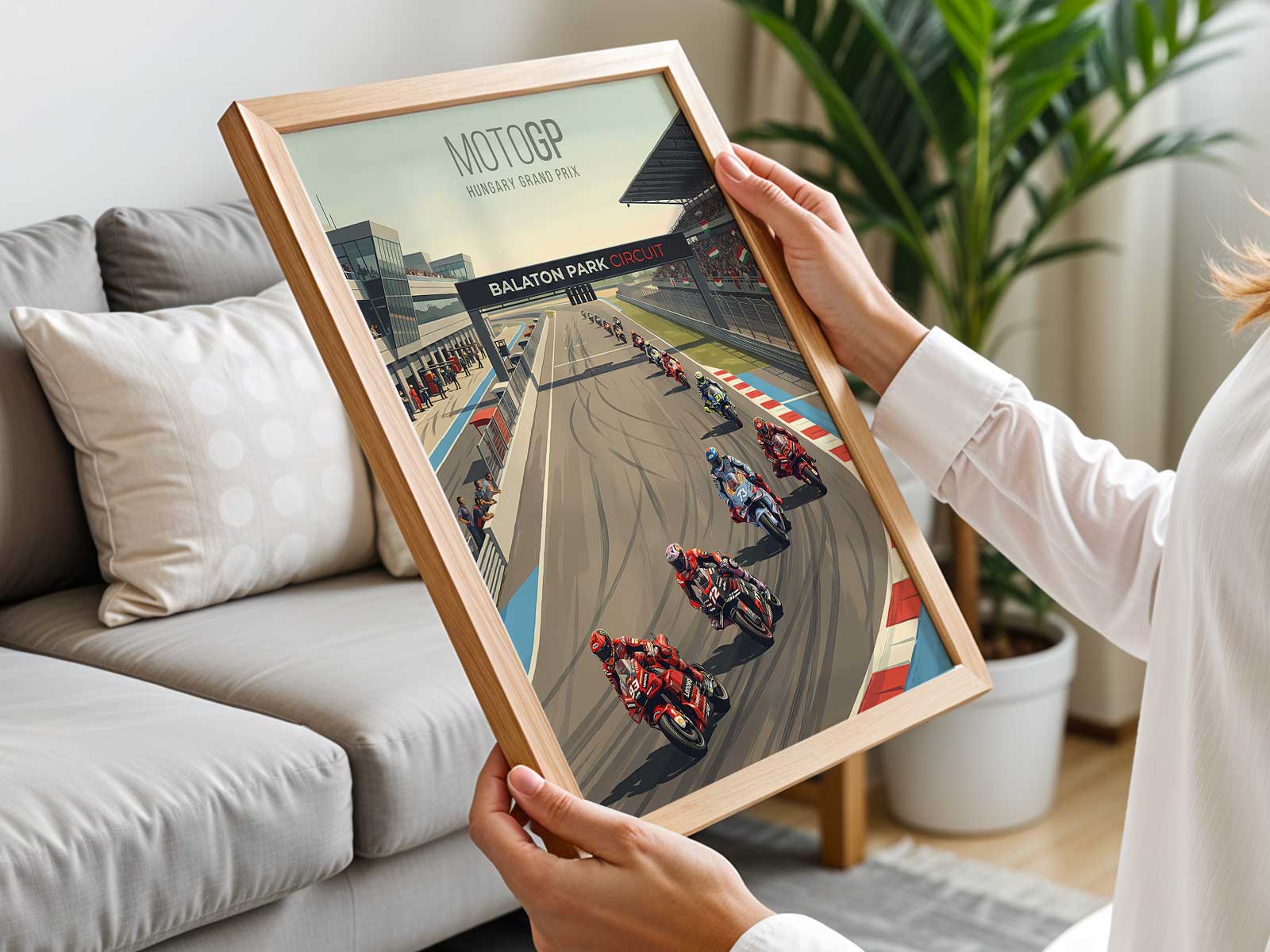 Scene of Francesco Bagnaia on his bike at a historic Grand Prix track illustrated in nostalgic tones