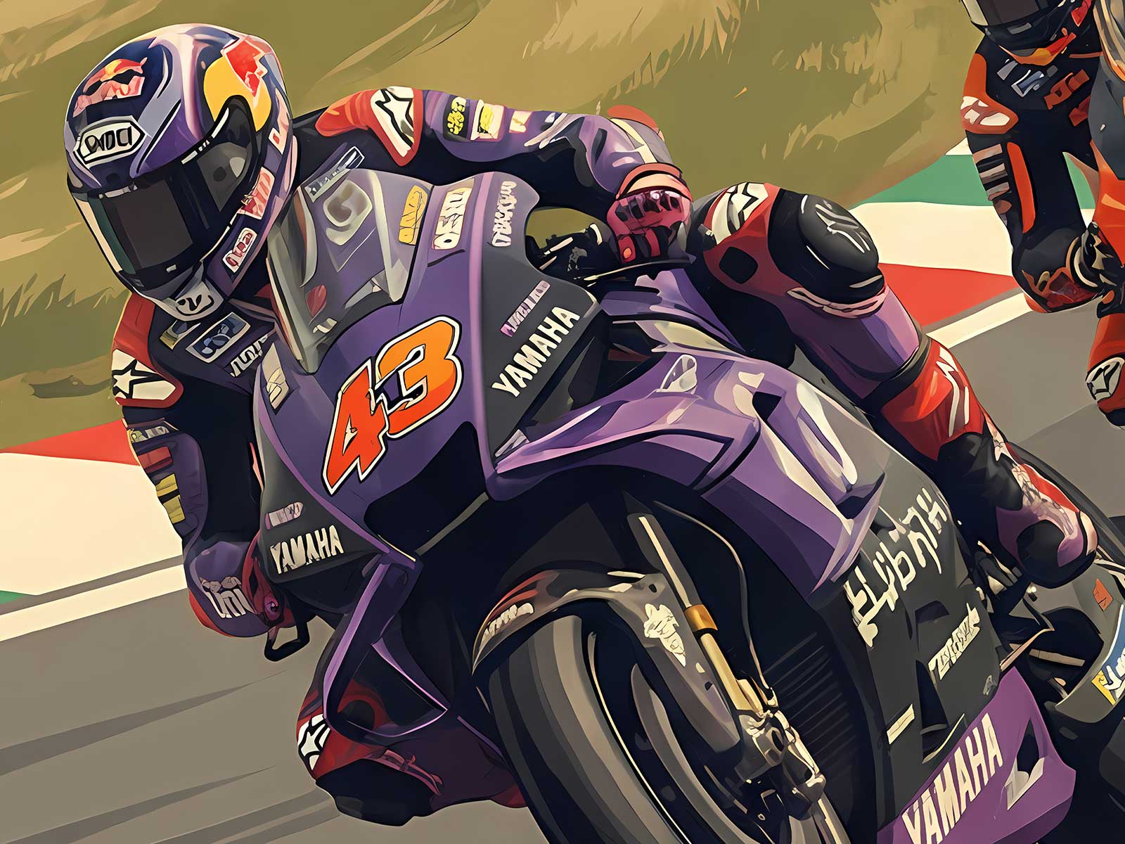 Portrait-style retro poster of Bagnaia on a classic MotoGP bike with warm faded colors