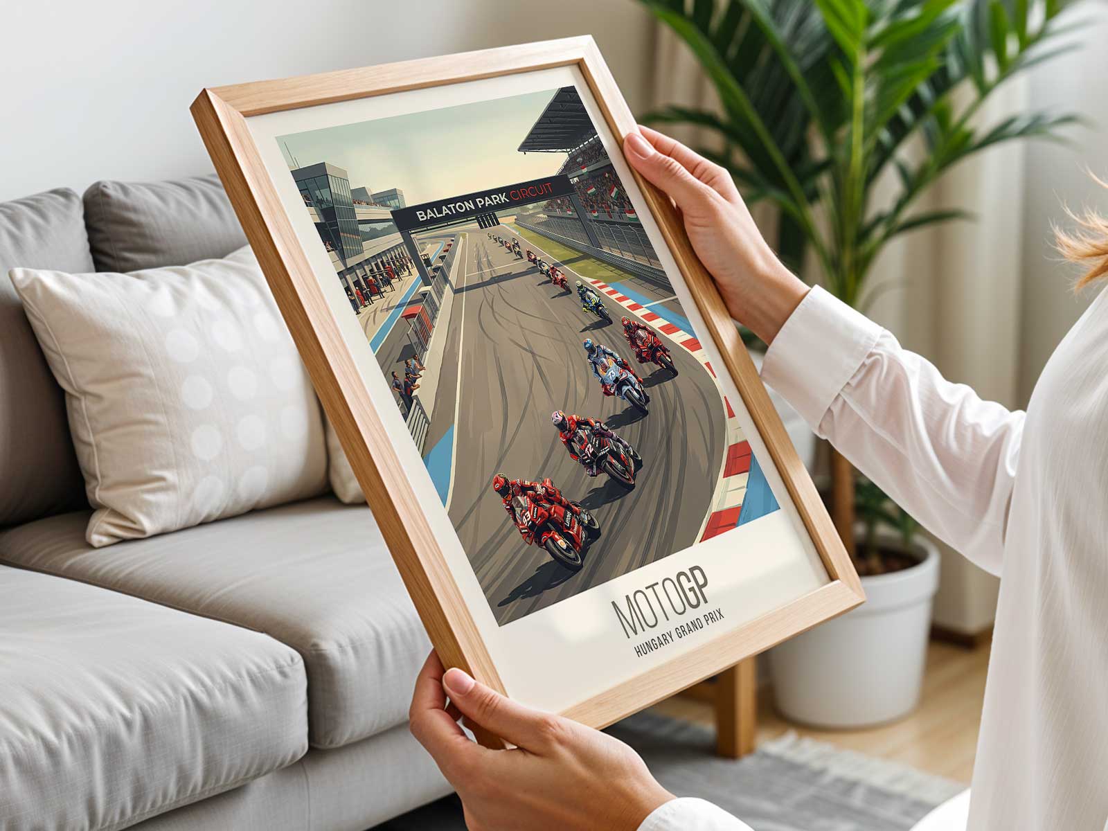 Francesco Bagnaia riding into a stylized sunset on a retro poster background with warm vintage hues
