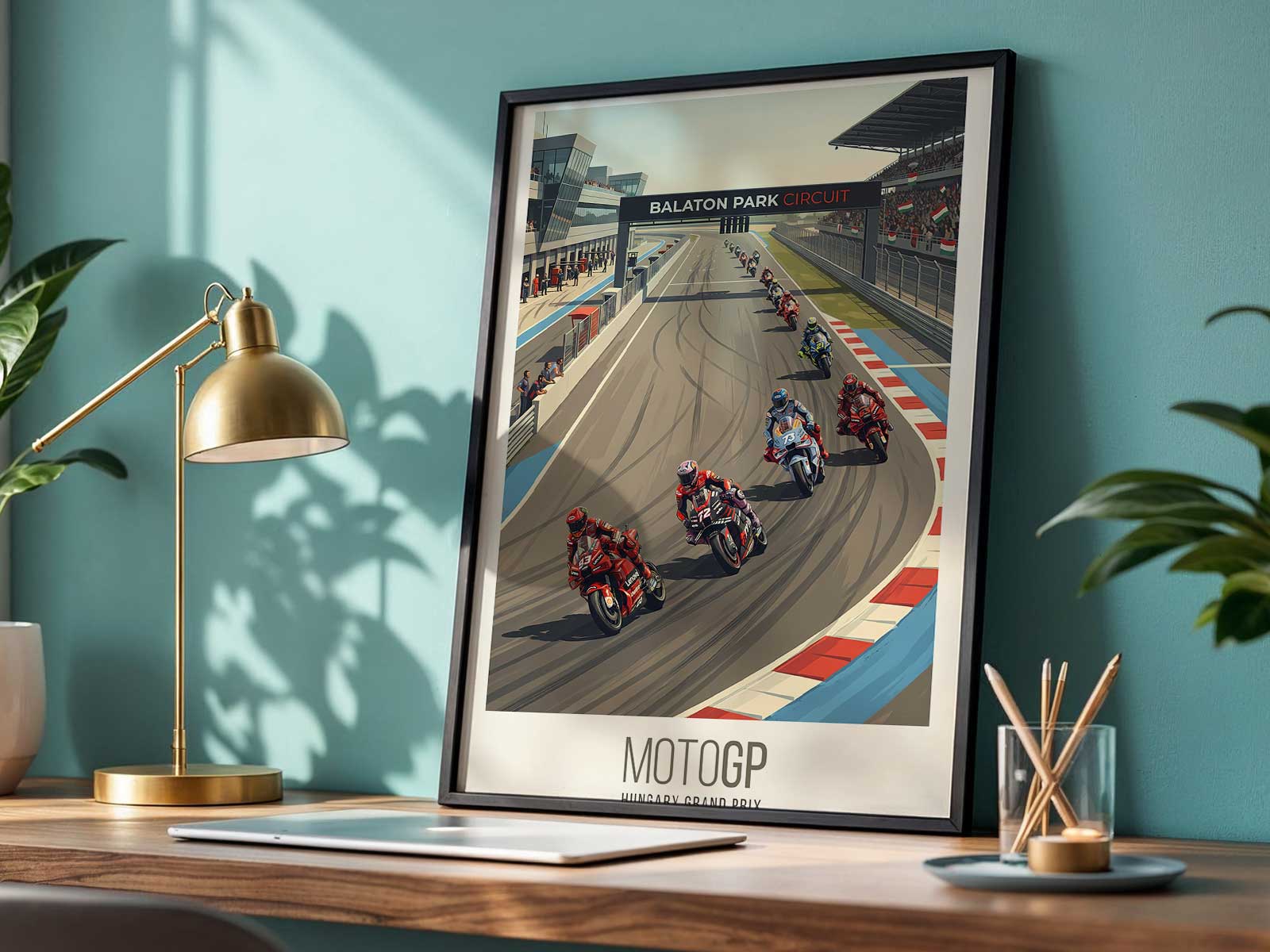Francesco Bagnaia illustrated in a vintage racing poster style with muted colors and grain texture