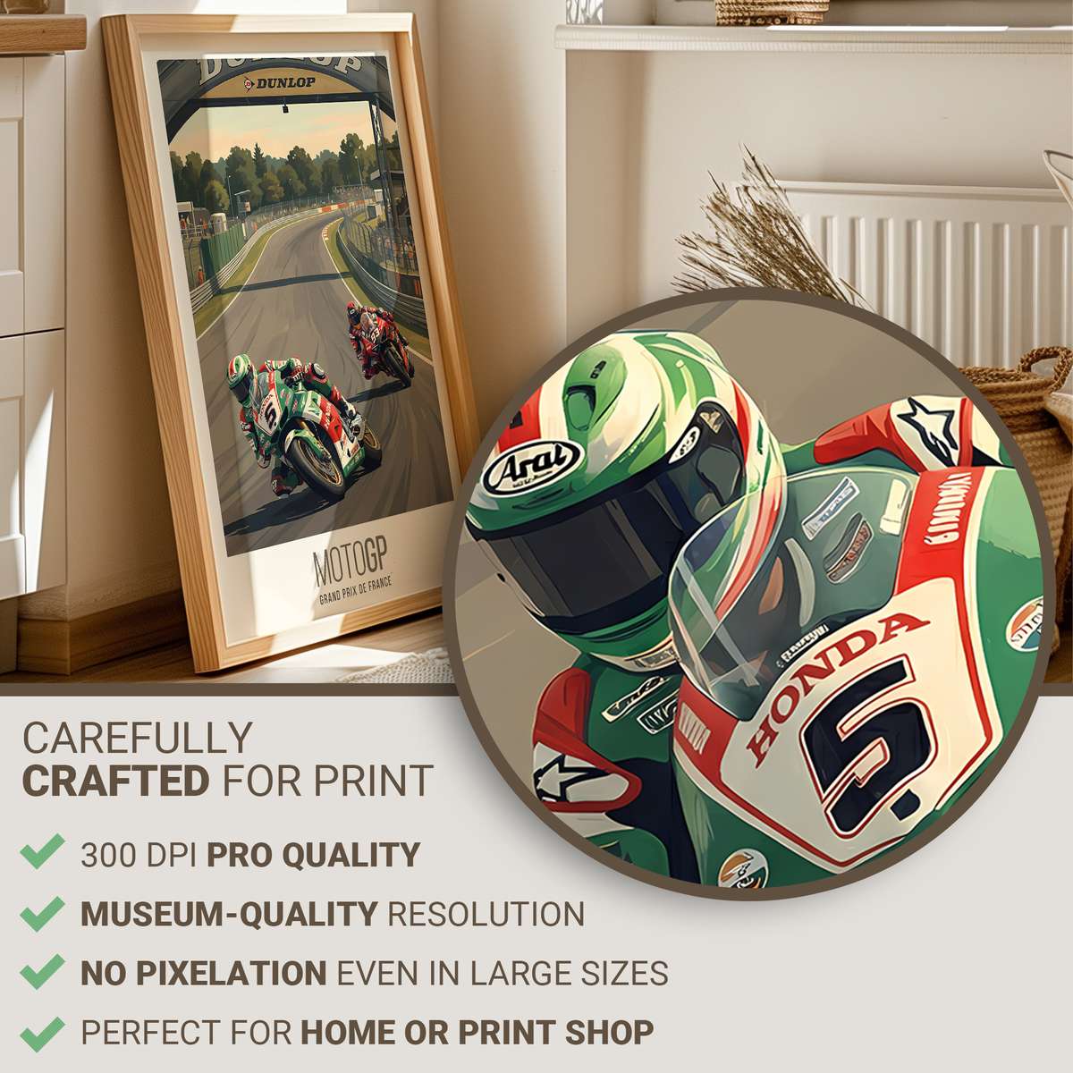 Wide view of a MotoGP poster showing the French track sweeping through rolling hills at dusk with riders in silhouette