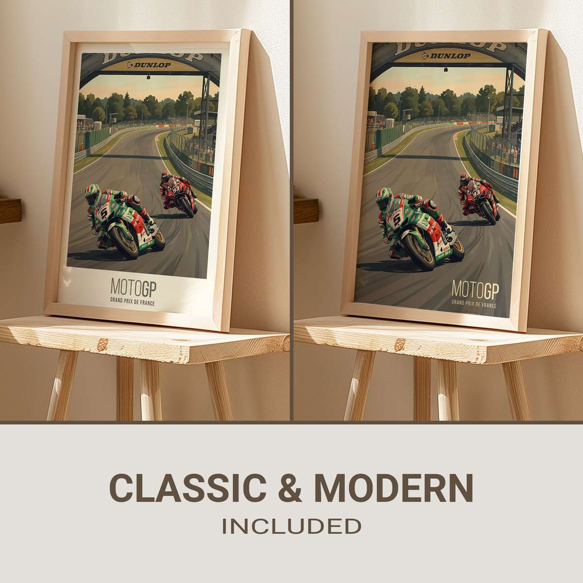 Wide view of a MotoGP poster showing the French track sweeping through rolling hills at dusk with riders in silhouette