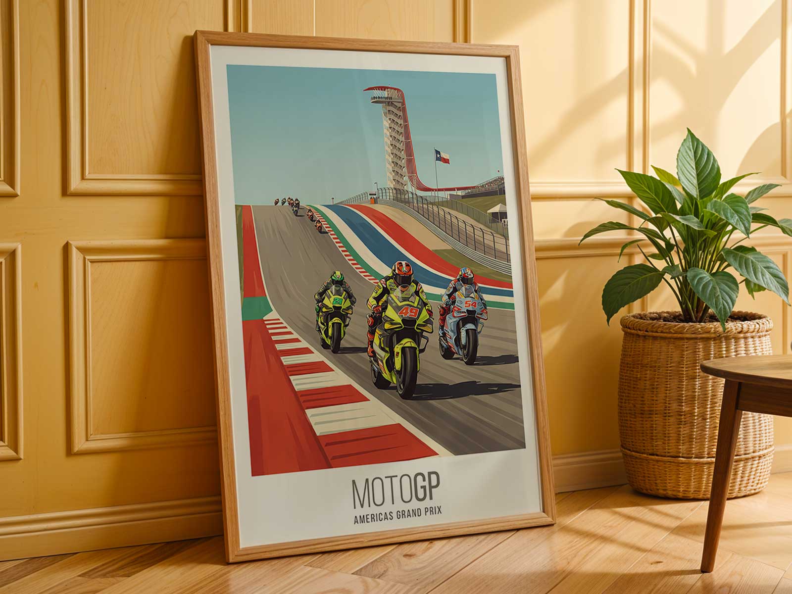 MotoGP bike braking hard at end of straight before corner with visible suspension compression