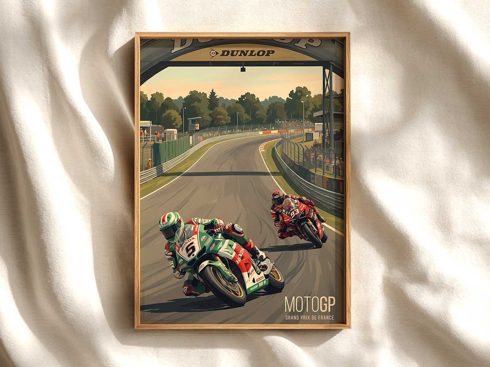 Silhouette of a MotoGP rider leaning into a turn against a pastel sky, focusing on shape and motion