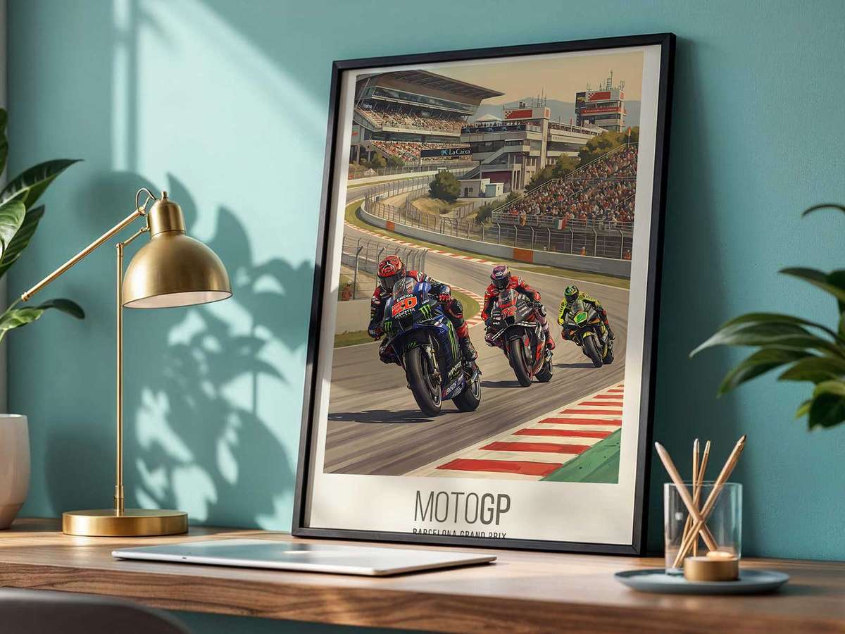 Ducati crossing a finish-line strip with rider extending for the win, crowd and checkered flags blurred