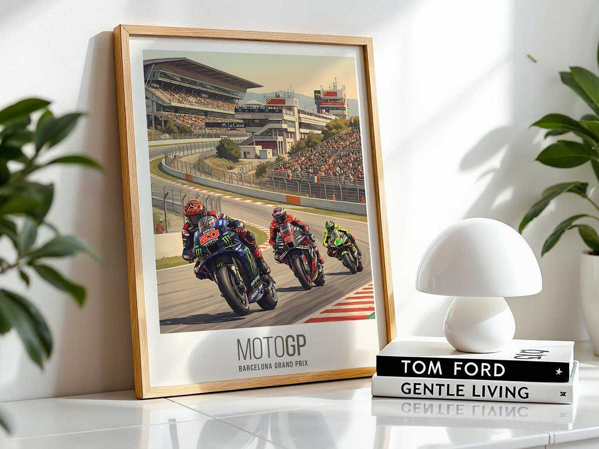 Fabio Quartararo poster displayed on a living room wall with vintage frame, showing scale and collector presentation