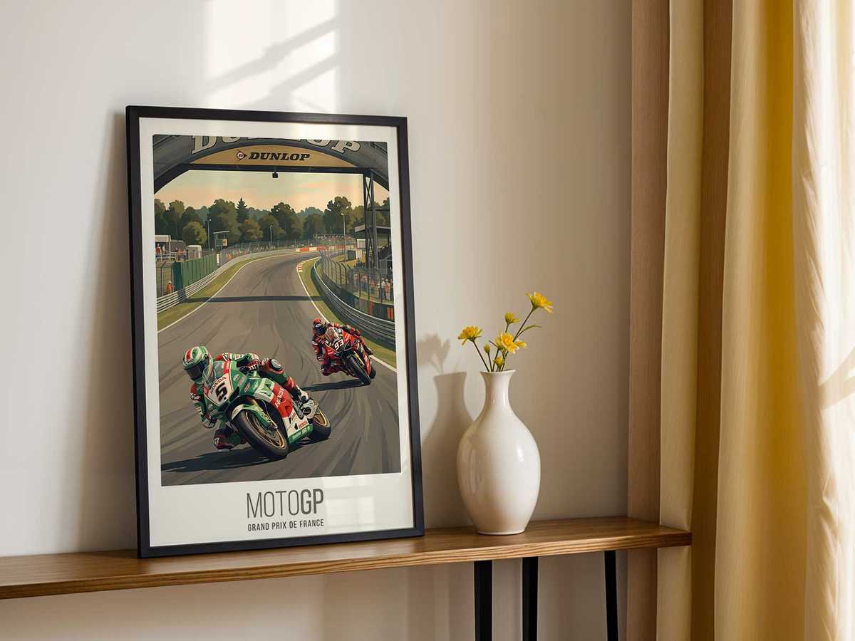 Dynamic foreground composition of a poster with a close racing bike and blurred background suggesting speed and tension