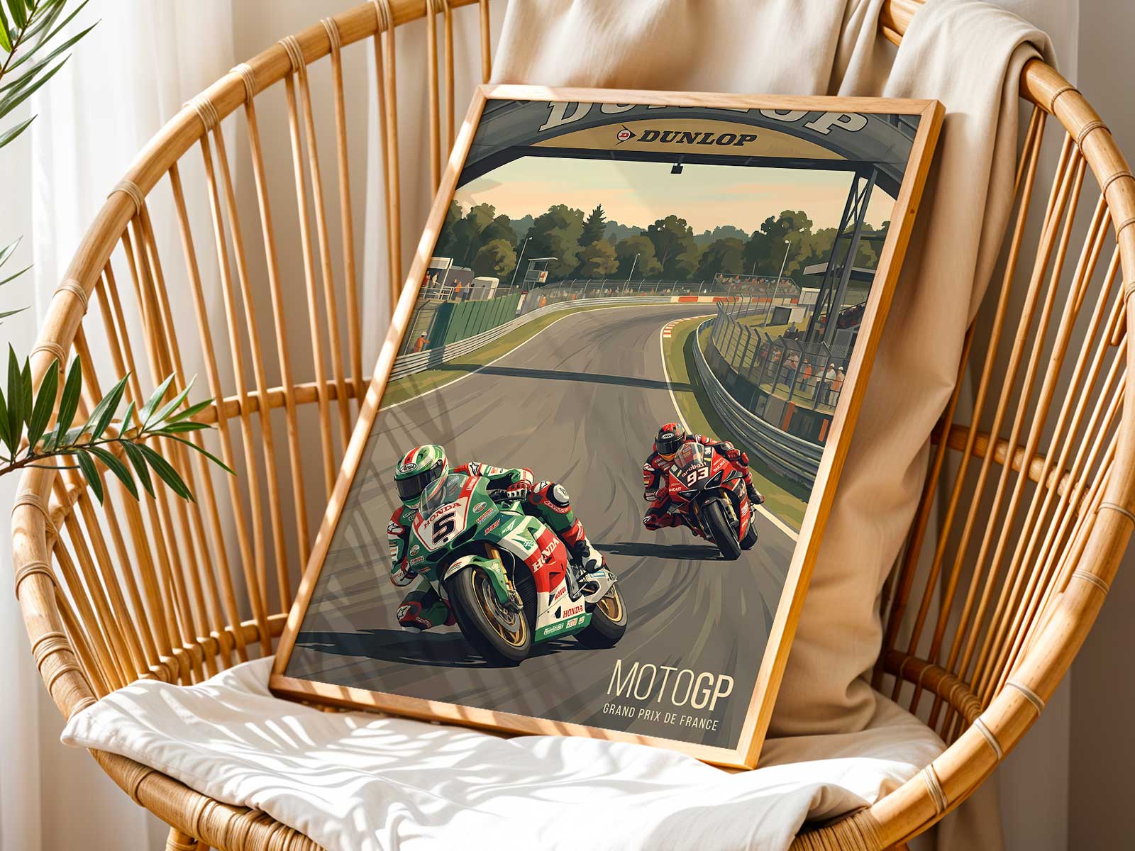 Historic MotoGP bike leaning through a famous Bugatti Circuit corner, with trackside marshals and period signage