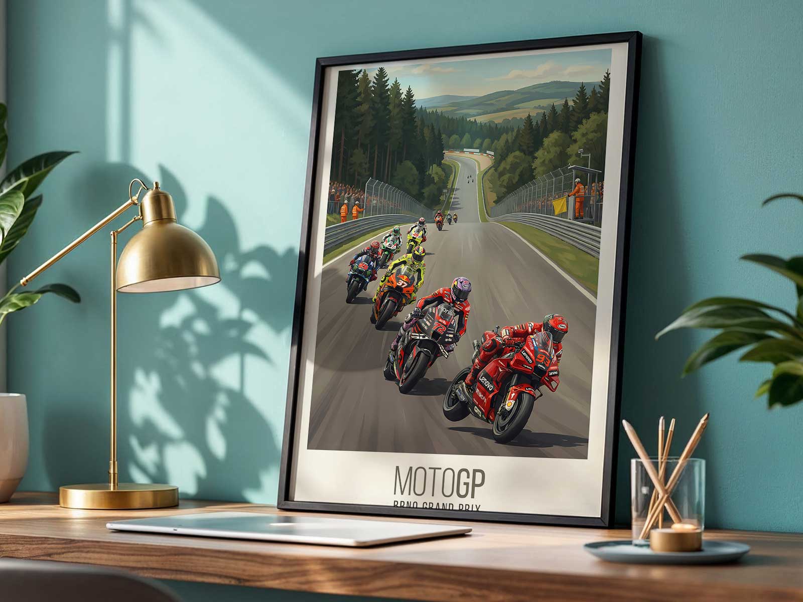 Motorcycle entering corner at high speed during race