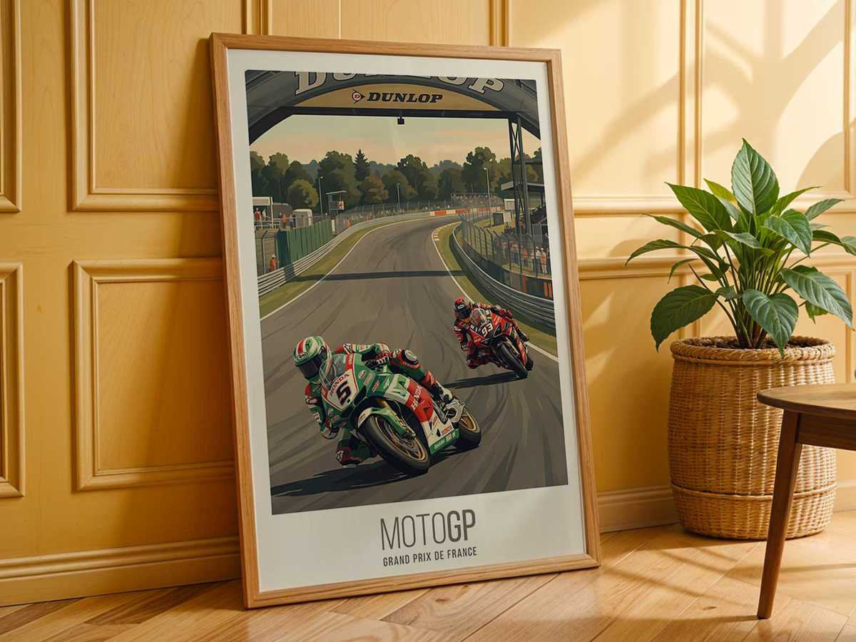 Honda MotoGP bike kicking up debris and rubber as it fights for grip mid-race, highlighting texture and chaotic energy