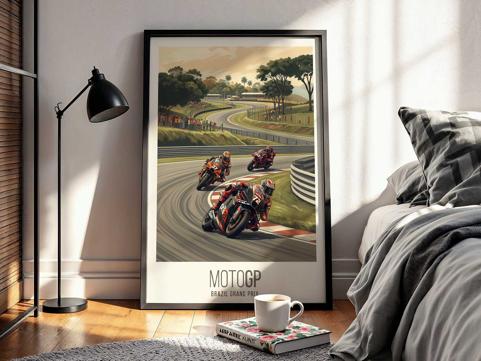 Interlagos circuit atmosphere with Ducati MotoGP in mid corner under crowd backdrop