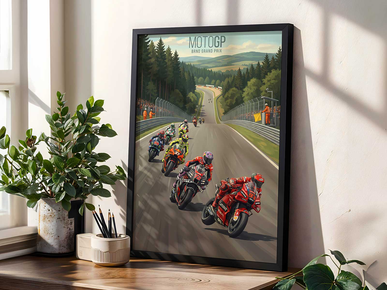 Johann Zarco leaning into a Brno corner on a Honda MotoGP bike with full concentration