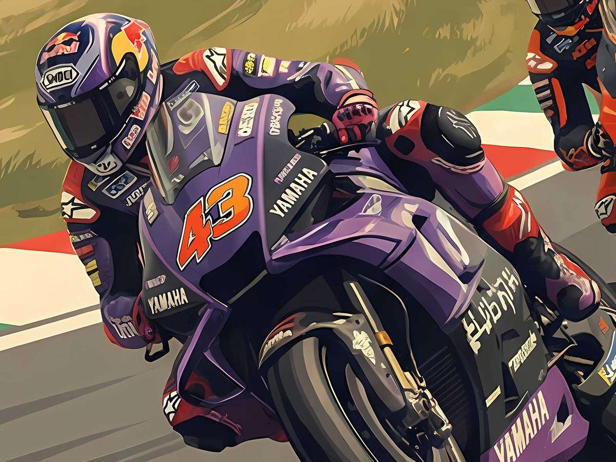 Close-up of KTM's RC16 fairing bathed in warm golden race-day light emphasizing vivid orange tones