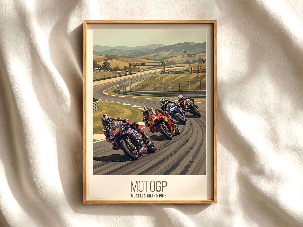 KTM RC16 parked on the Mugello circuit with rolling Tuscan hills and cypress trees at sunset