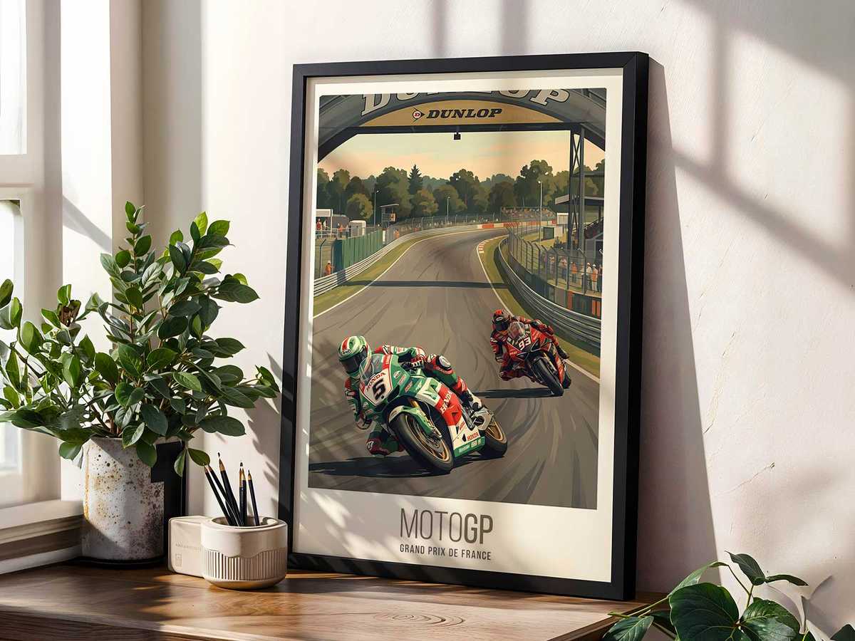 Close-up of Le Mans poster showing textured paper and layered printing that enhances depth and tactile presence