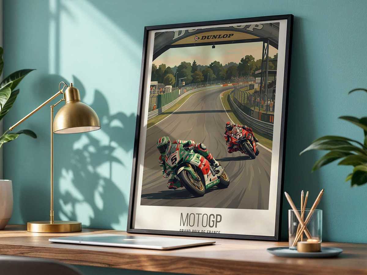 Dynamic MotoGP racing scene with a motorcycle shifting from straight-line speed into corner entry