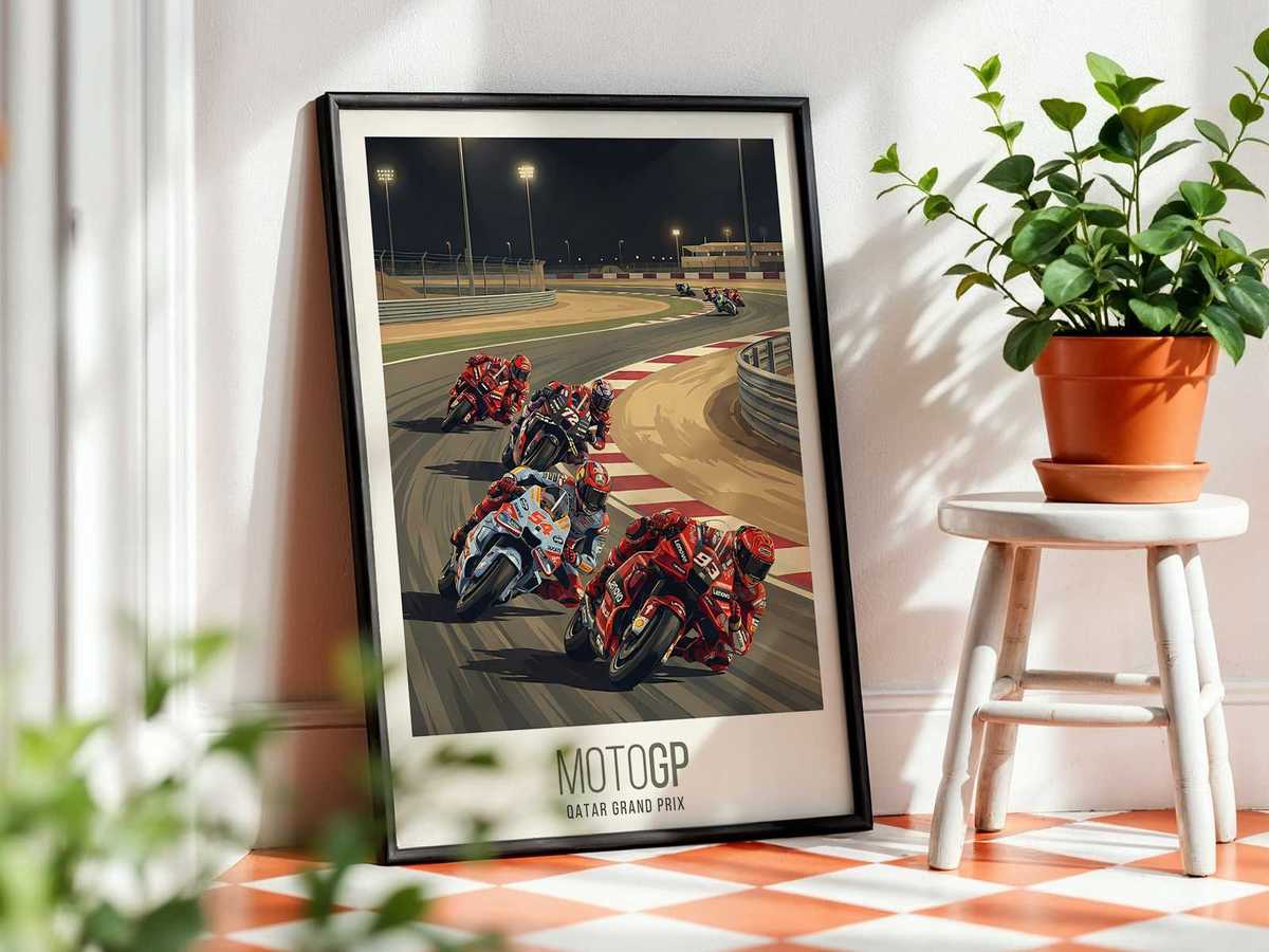 MotoGP motorcycle racing into a corner with speed transition and dramatic track motion