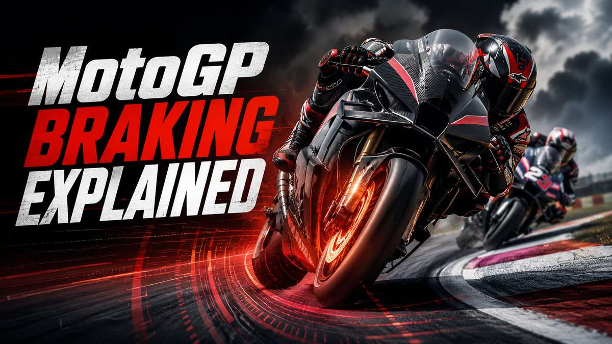 MotoGP rider braking hard into a corner with visible front suspension compression and rider tucked in