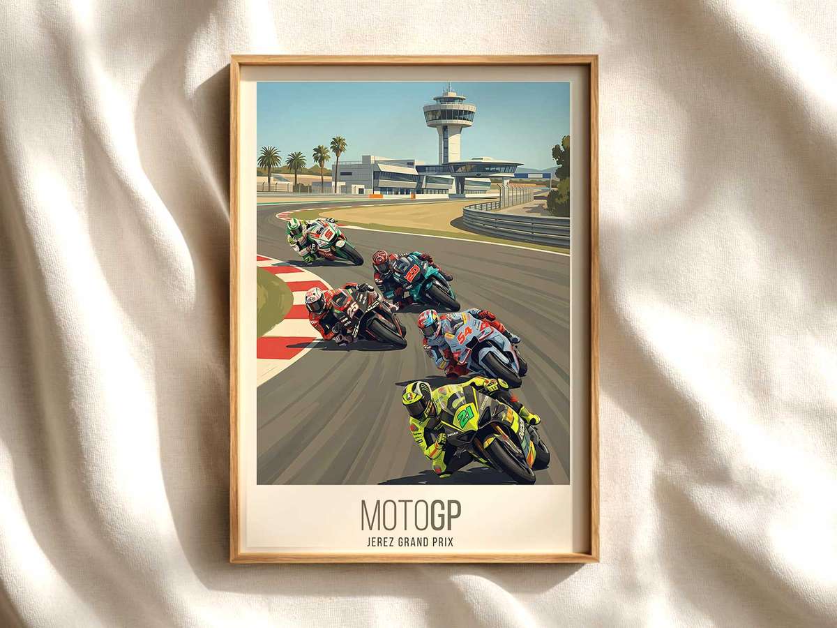Aprilia MotoGP Jerez Wide Racing Scene MotoGP poster shown as premium motorcycle racing wall art