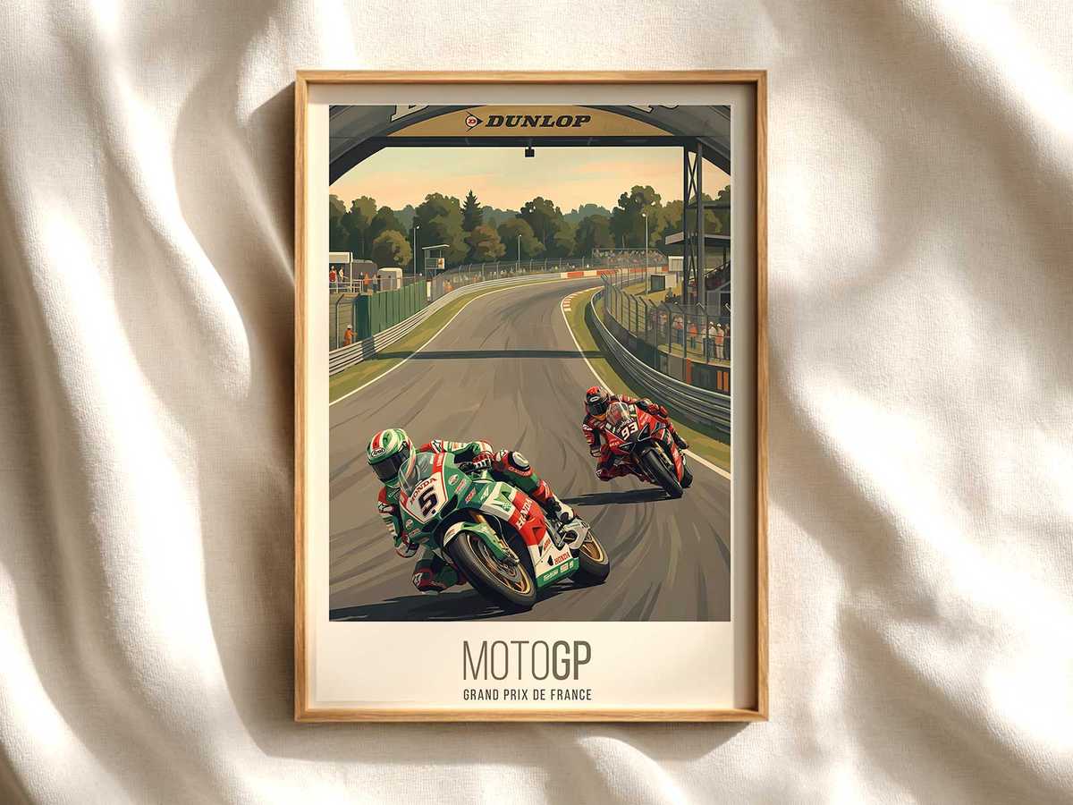 Minimalist Le Mans Track Poster for Modern Interiors MotoGP poster shown as premium motorcycle racing wall art