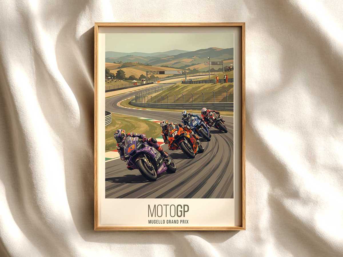Rider Lean and Cornering Posture at Mugello MotoGP poster shown as premium motorcycle racing wall art