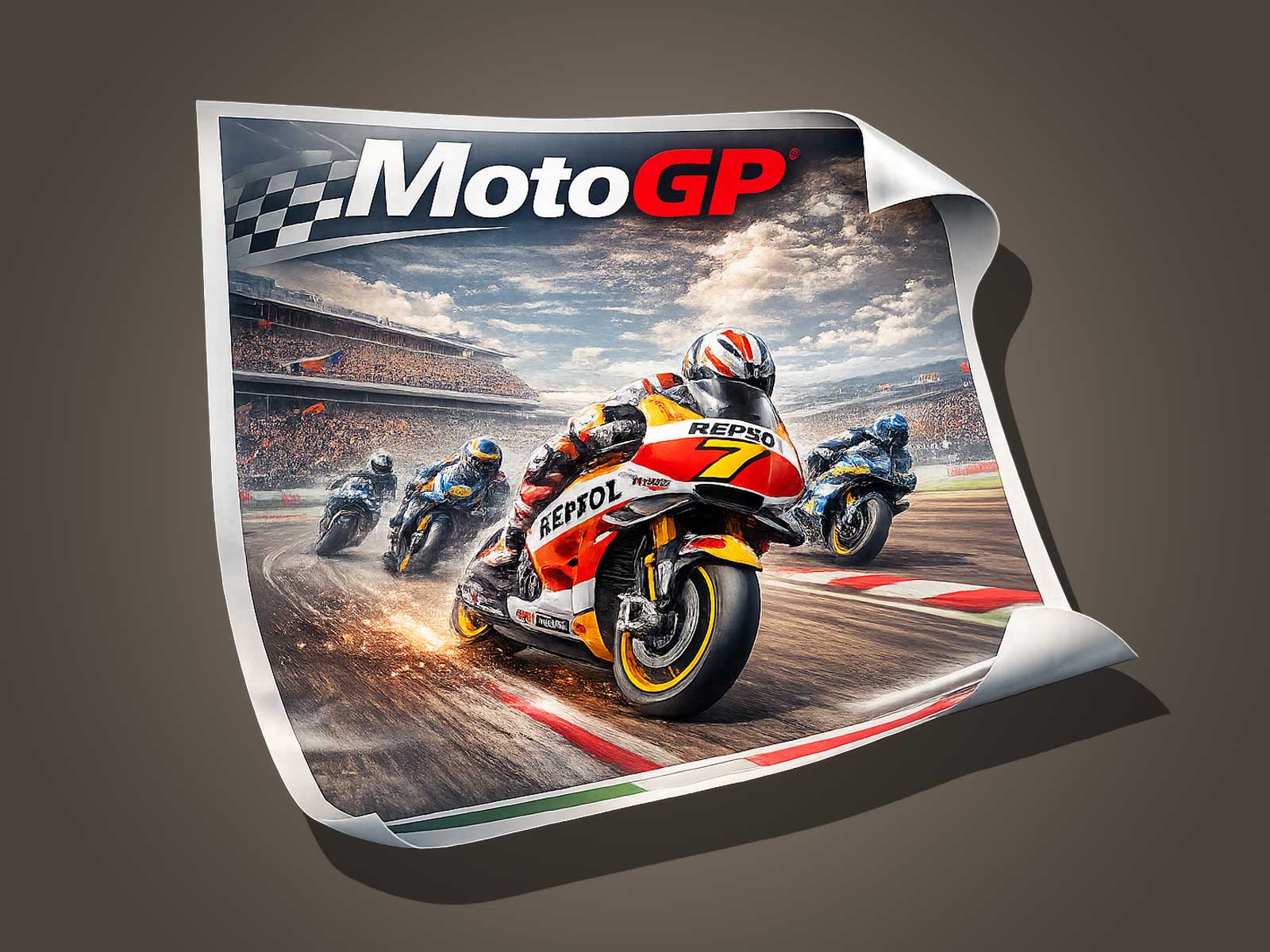 modern interior featuring a motogp racing scene poster with a motorcycle leaning into a track corner