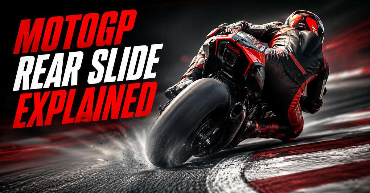 MotoGP rider with rear wheel sliding out mid-corner, smoke from rear tyre