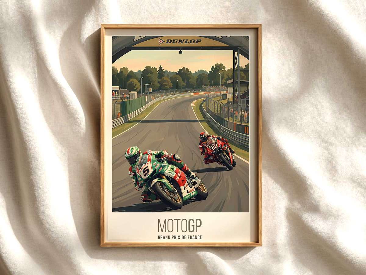 MotoGP Poster: Dramatic Cornering and Lean MotoGP poster shown as premium motorcycle racing wall art
