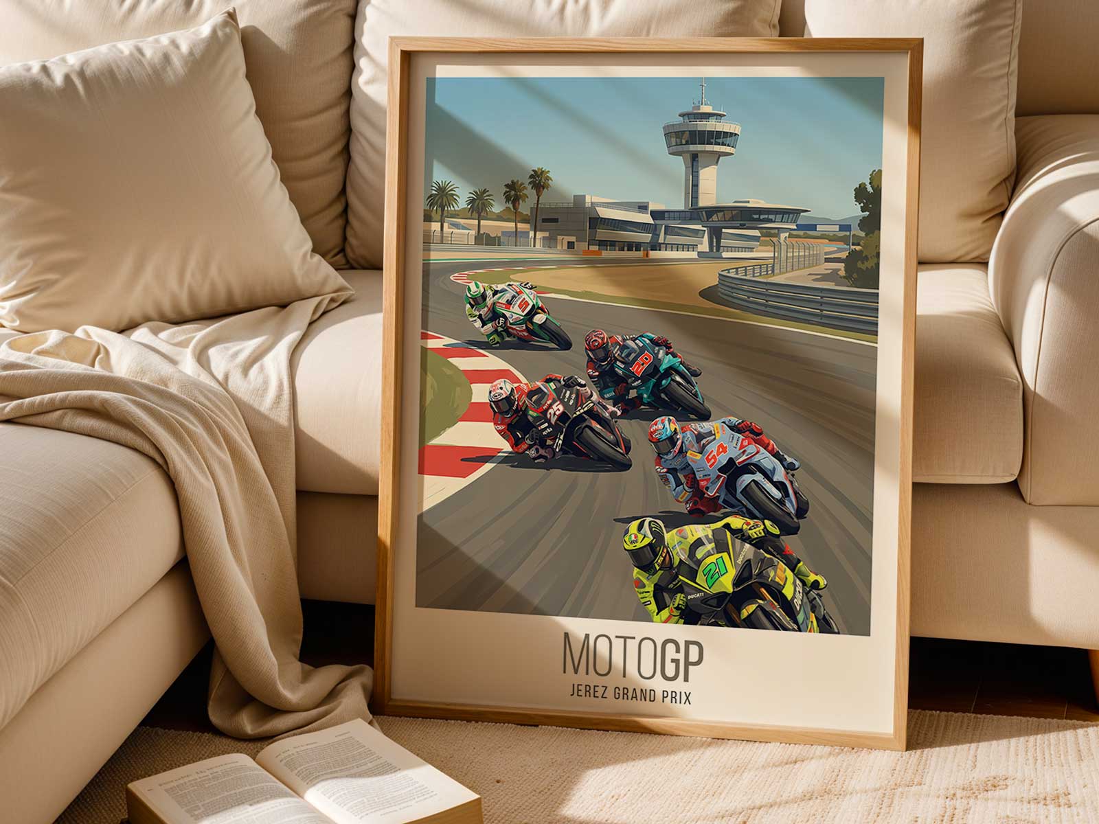 Racing motorcycle entering a tight turn on a MotoGP track with rider leaning aggressively