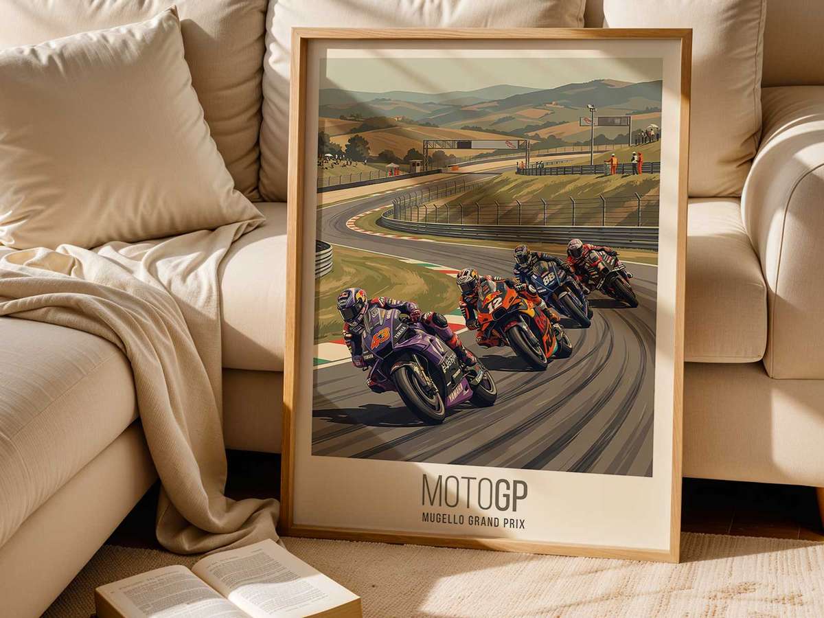 Poster color palette sample showing warm track tones, vivid reds and deep greens inspired by Mugello landscape