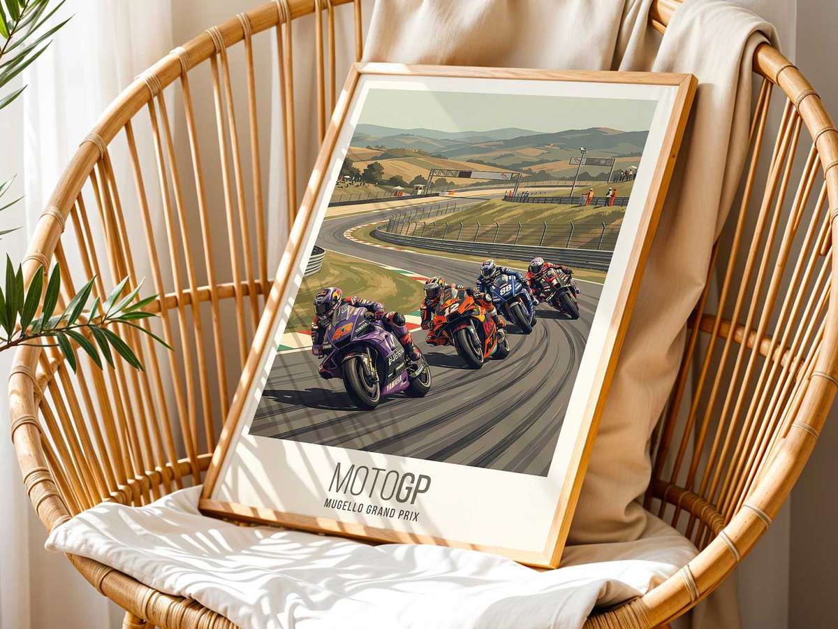 Mugello circuit poster framed and hung above a sofa, showing scale and how it defines room atmosphere