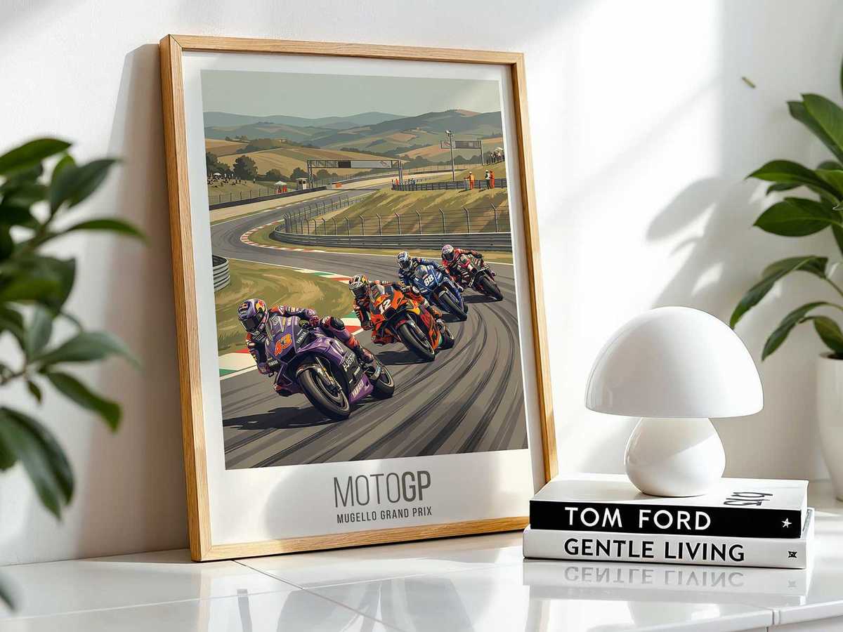 Poster of a MotoGP rider silhouetted against a Mugello sunset, highlighting contrast and emotional mood
