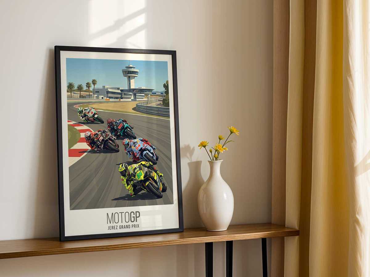 Wide panoramic view of the paddock and a stationary MotoGP bike framed by dramatic sky and landscape