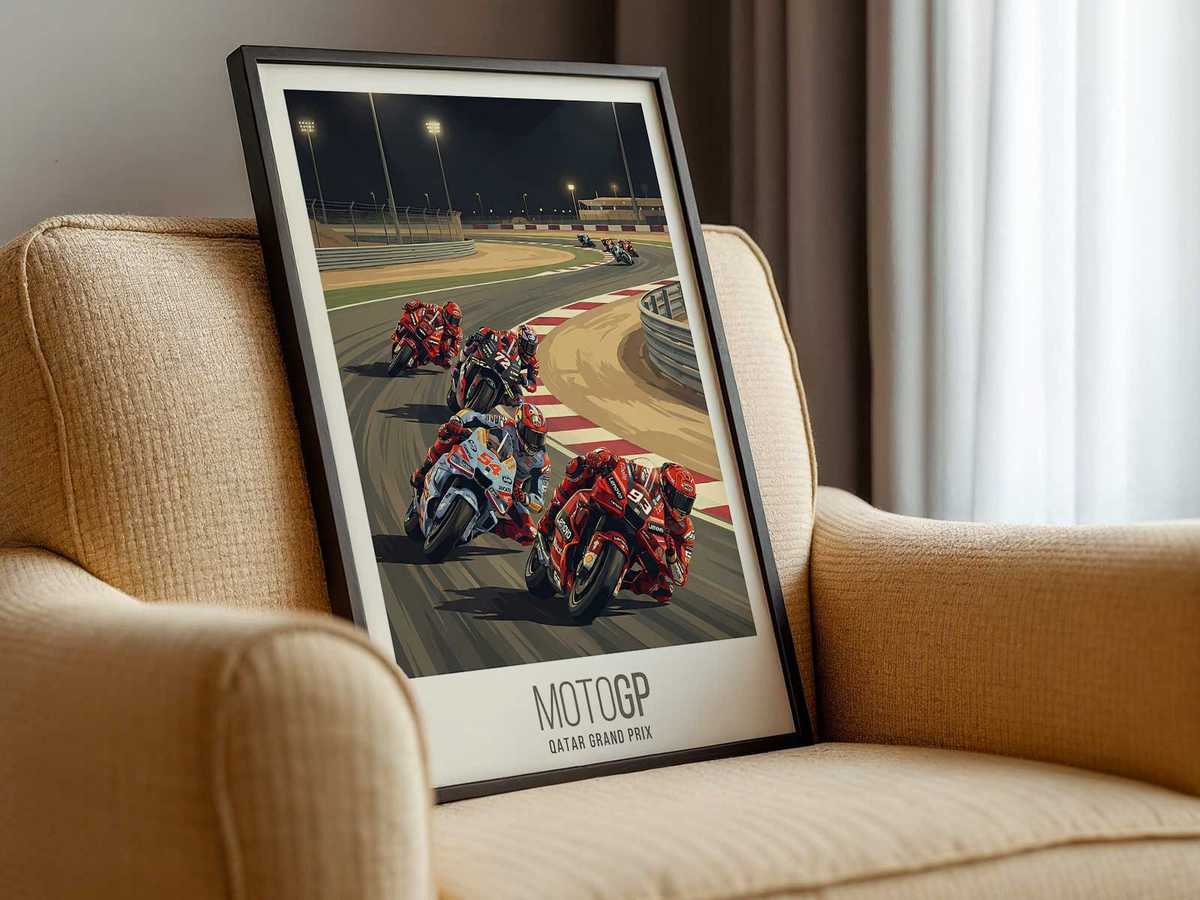 Gallery-style wall of framed MotoGP Qatar posters and related race art creating a cohesive collector display