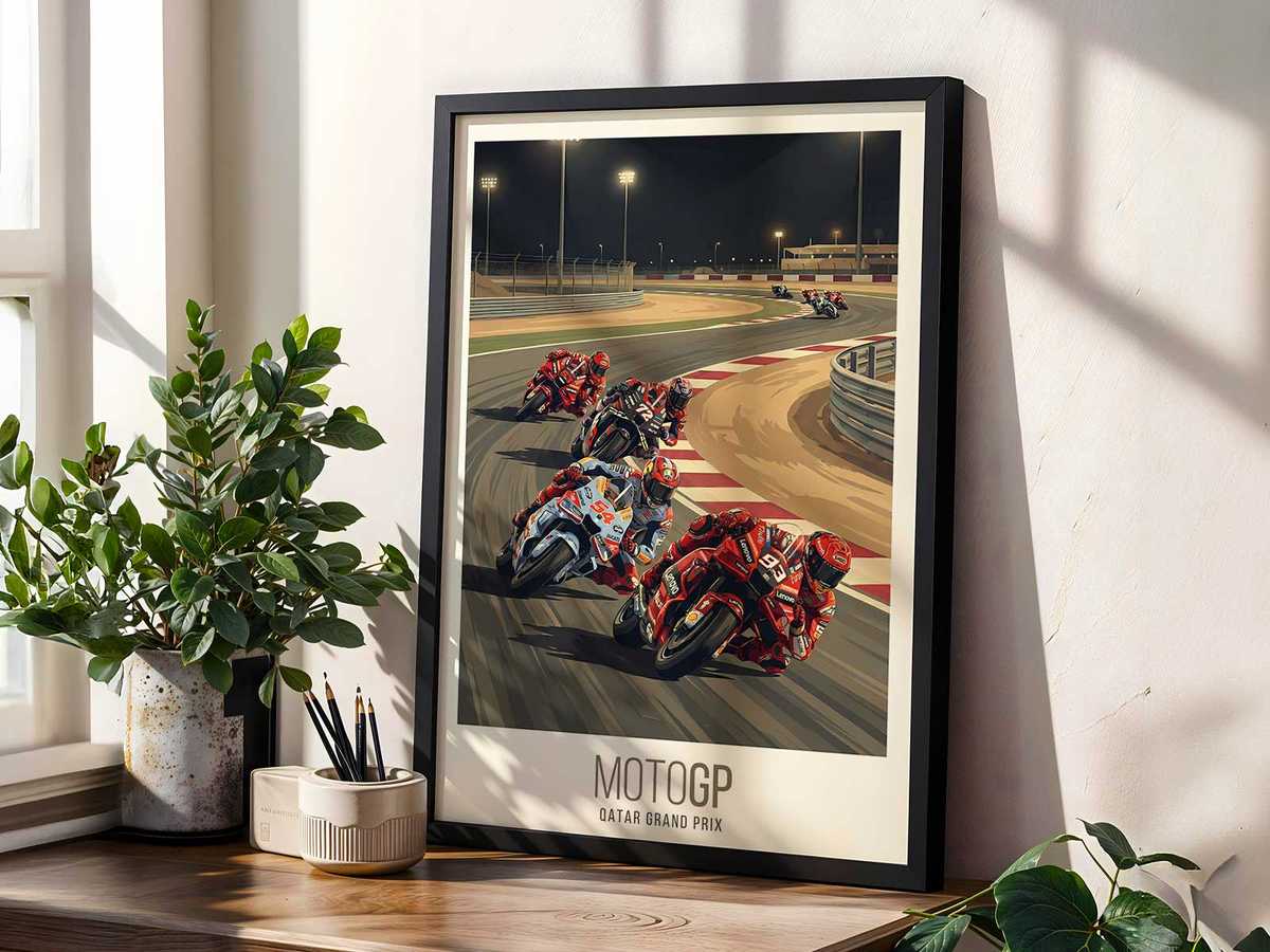 Close detail of paper texture and print finish on a MotoGP Qatar poster showing rich colors and crisp typography