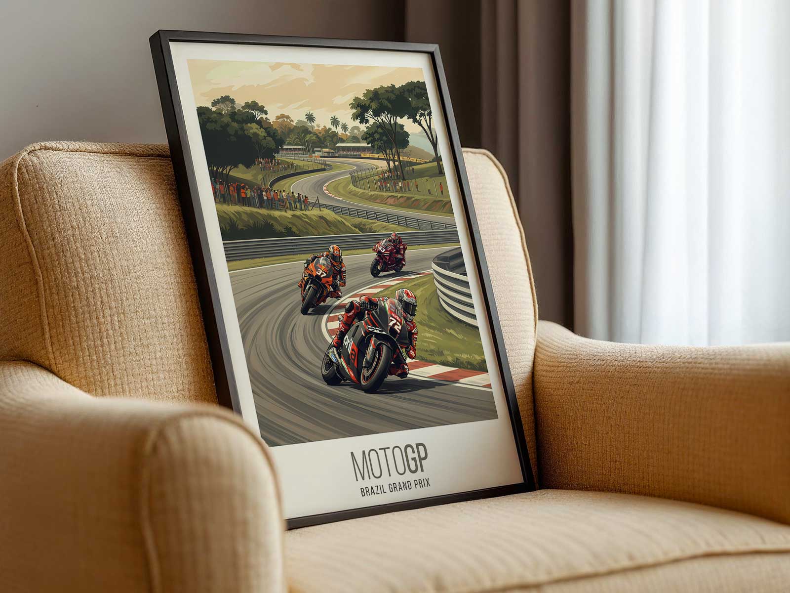 A packed MotoGP field accelerates away from the grid at the start of the 2026 Brazilian Grand Prix in Goiânia