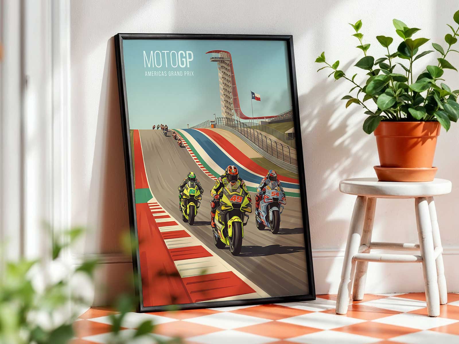 Close detail of MotoGP bike front fork under heavy braking force during race
