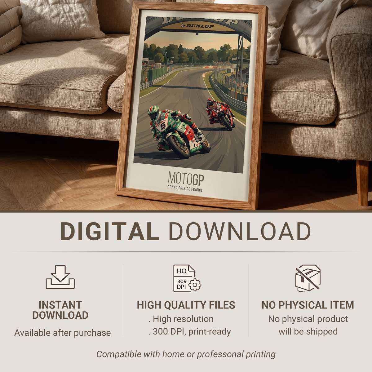Minimalist Le Mans race track poster showing simplified circuit lines and a bold title above a neutral wall