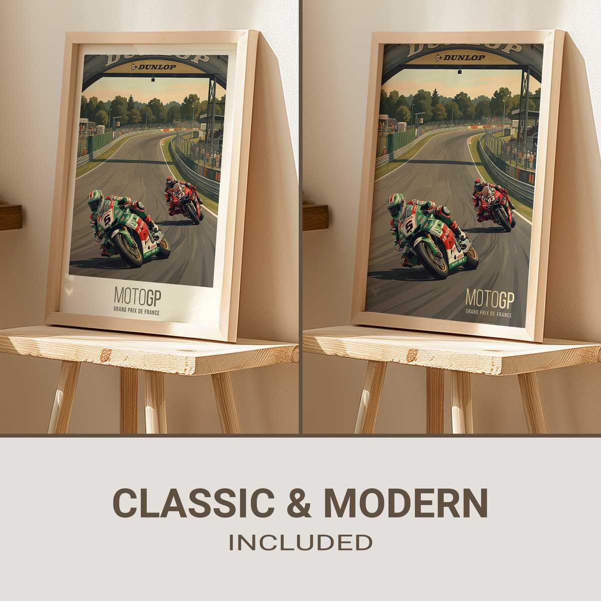 Minimalist Le Mans race track poster showing simplified circuit lines and a bold title above a neutral wall