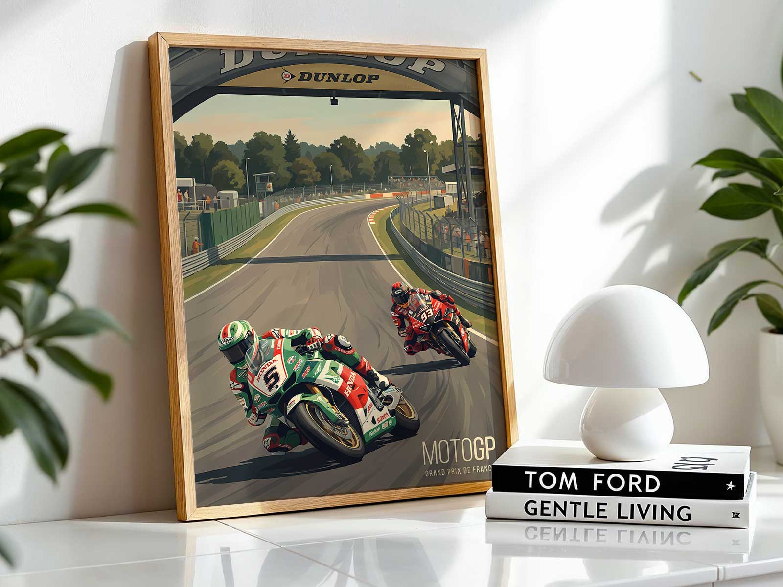 Sunset light reflecting off the wet asphalt of the circuit, creating warm highlights and elongated reflections