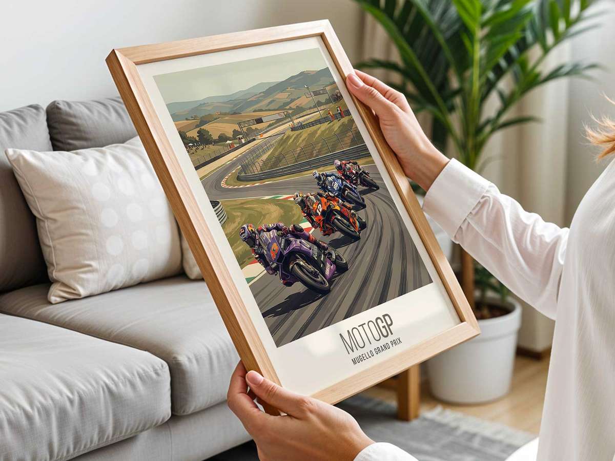 Sport bike poster featuring textured paper effects and racing ephemera like ticket stubs and program typography