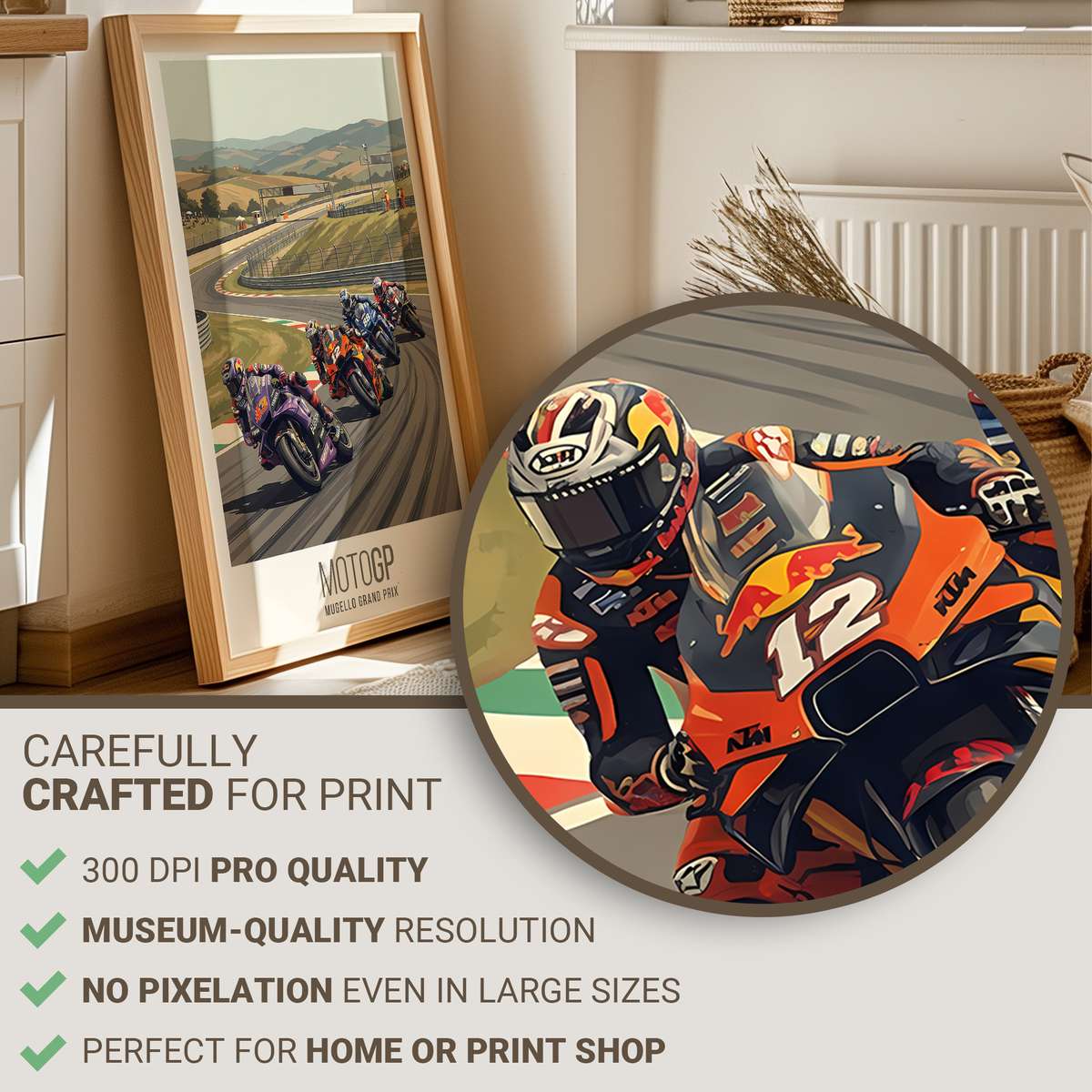 Side profile of a Viñales MotoGP poster showing a sculptural silhouette of the bike and rider in minimalist tones